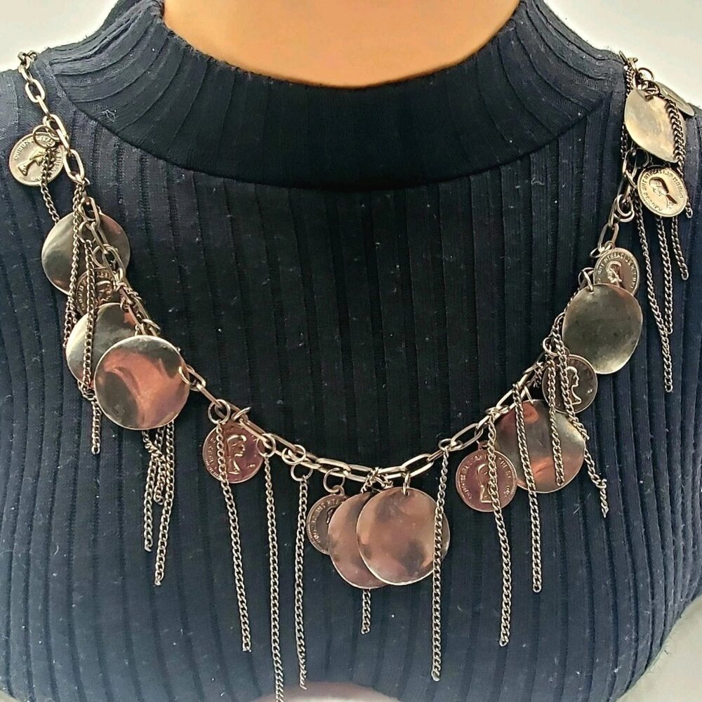 Metallic Tone Coin Statement Necklace